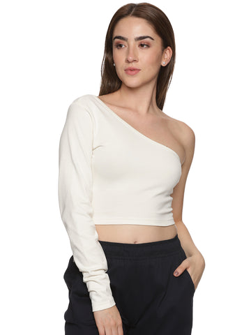 Coconut Milk One Shoulder Crop Top With Full Sleeve