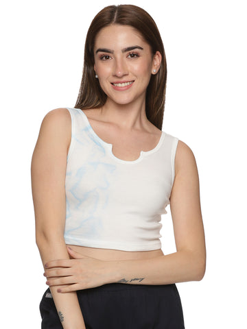Blue and White Notch Neck Lettuce Edge Rib Knit Crop Top