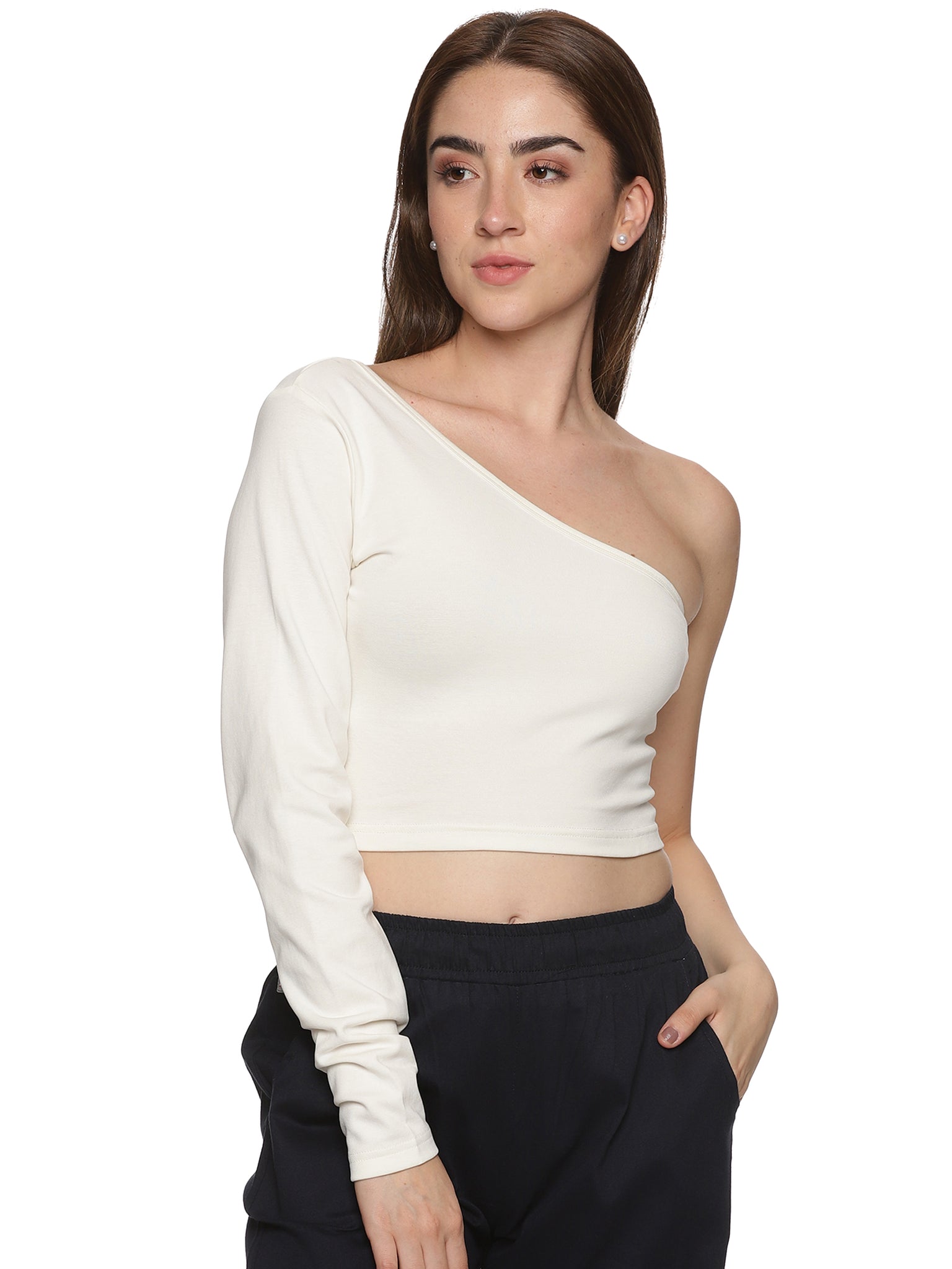 Coconut Milk One Shoulder Crop Top With Full Sleeve
