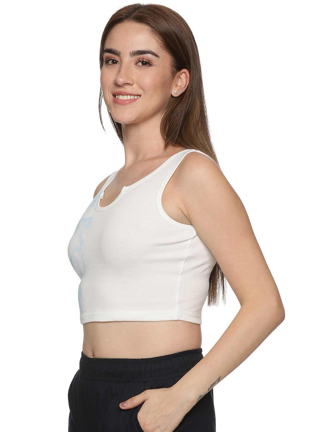 Blue and White Notch Neck Lettuce Edge Rib Knit Crop Top