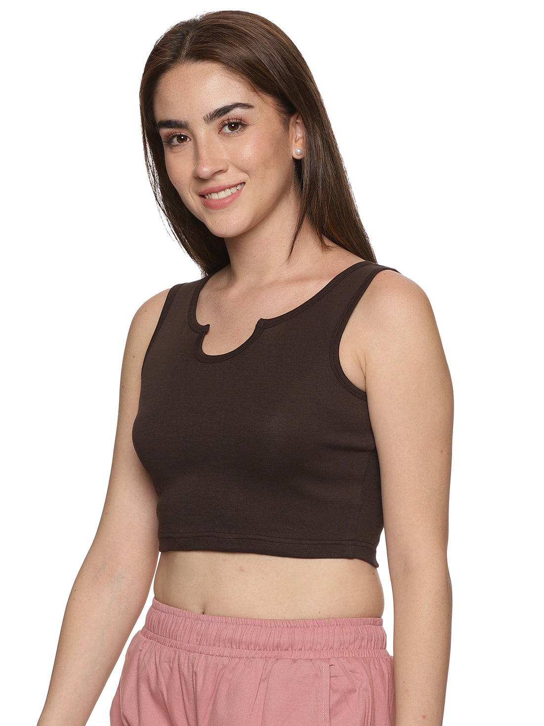 Brown Notch Neck Lettuce Edge Rib Knit Crop Top